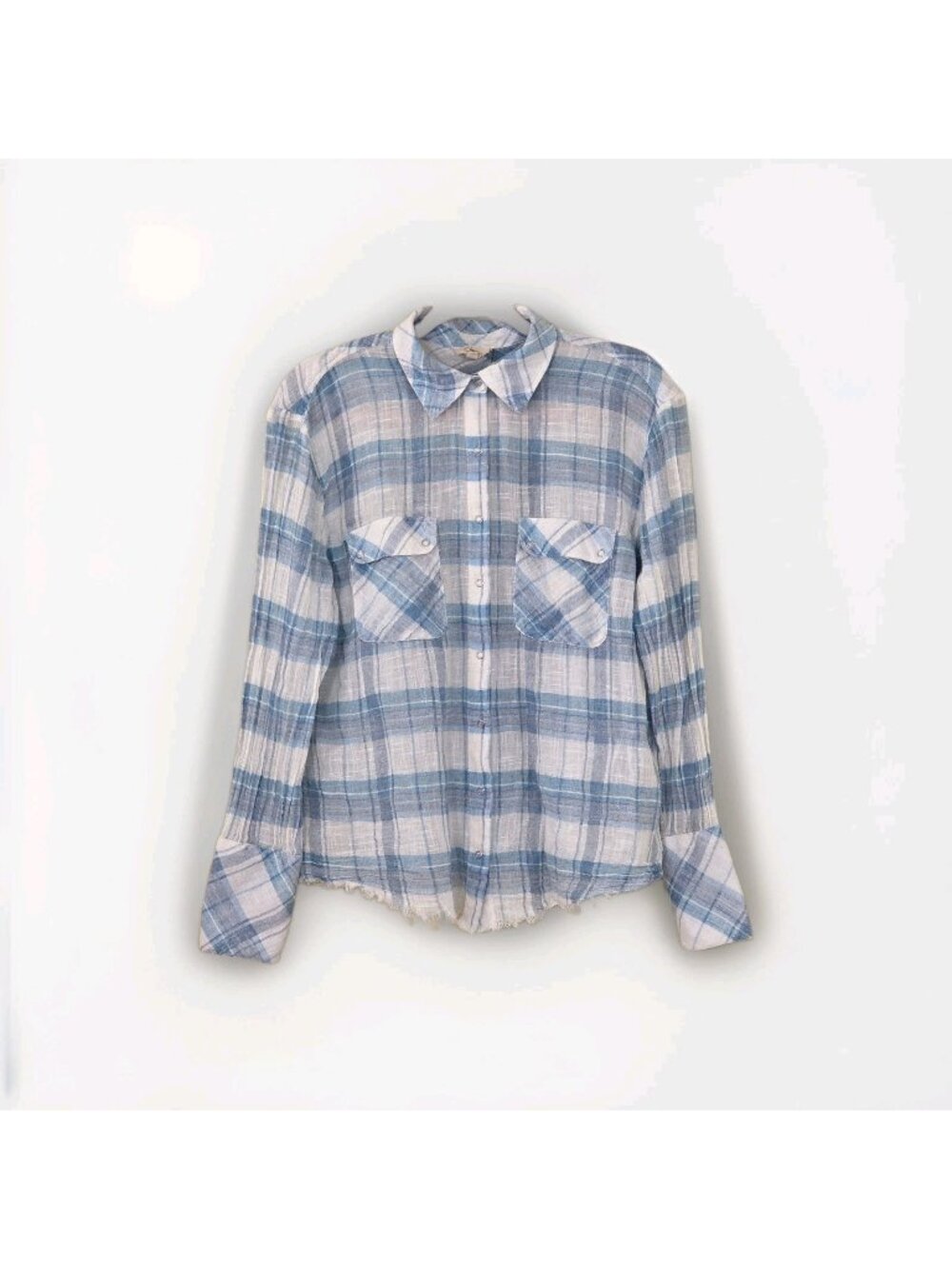 Elan Gauze Plaid Shirt Womens M Blue Multi Snap Buttons Cotton LS Western Boho